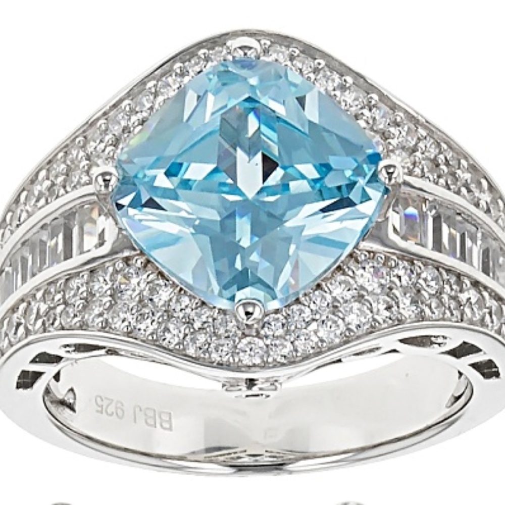 Aqua Blue solitaire ring rhodium over.925 sterling